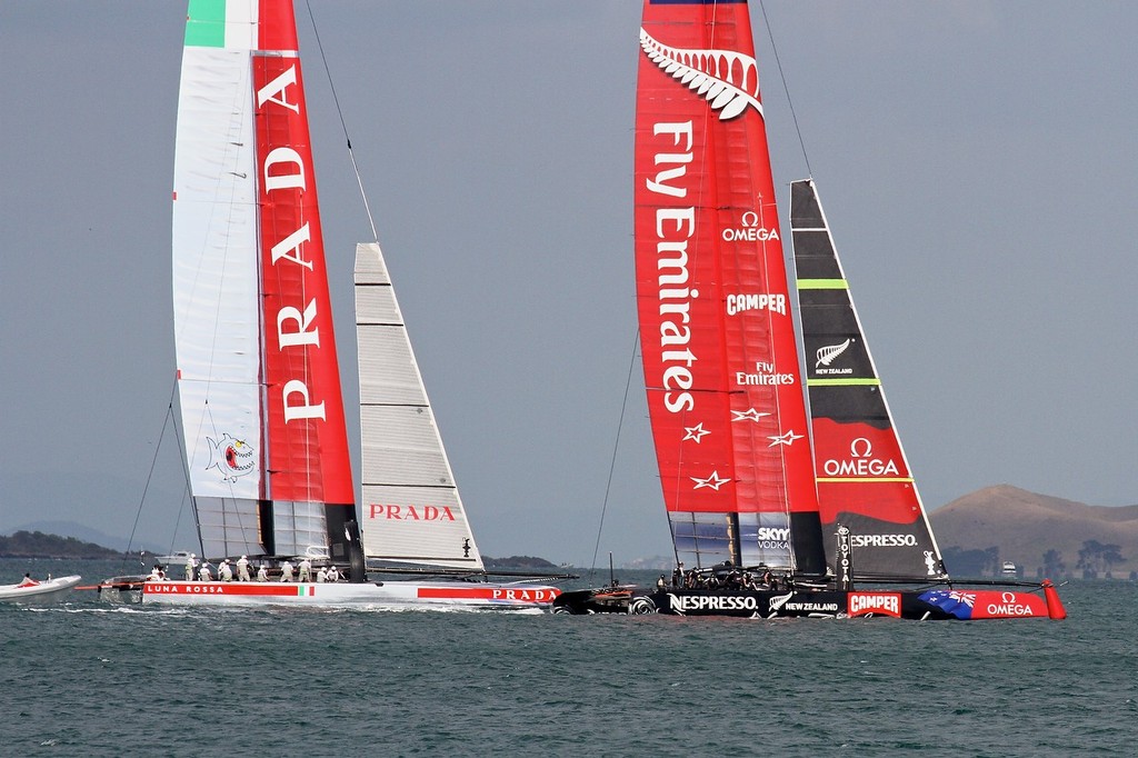 Emirates Team NZ keeps clear of Luna Rossa in the final seconds of the prestart - AC72 Race Practice - Takapuna March 8, 2013 © Richard Gladwell www.photosport.co.nz